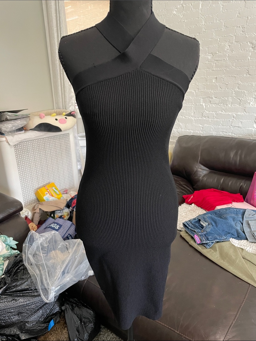Babaron Black Ribbed Cross-Neck Bodycon Dress - Women